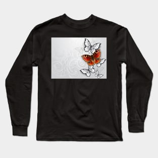 Gray Background with Peacock Butterfly Long Sleeve T-Shirt